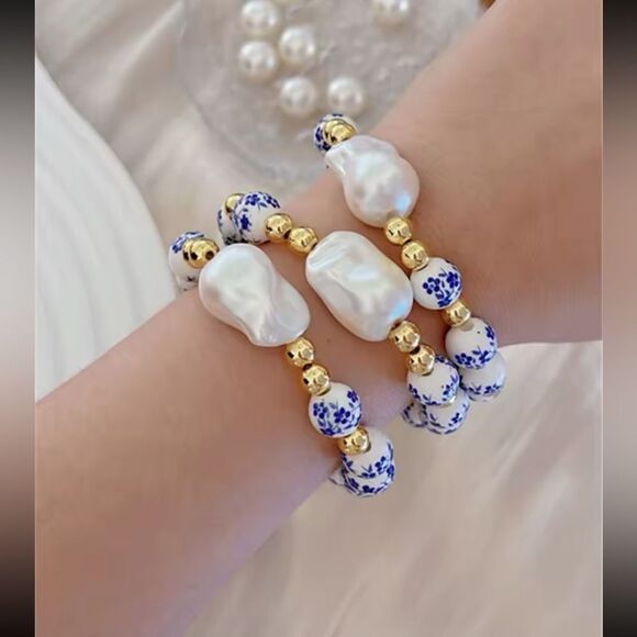 Blue White Porcelain Bead Bracelet Set with Gold Accents Baroque Pearl Set of 2 - Picture 1 of 7